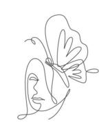 One single line drawing woman with butterfly line art vector illustration. Female abstract face butterfly botany portrait minimalistic print style concept. Modern continuous line draw graphic design