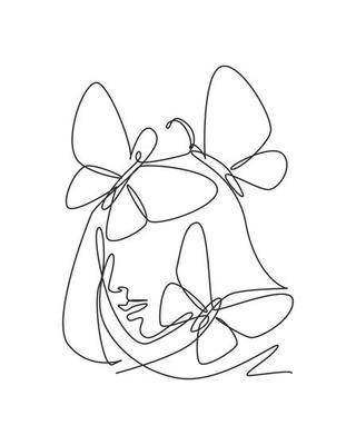 One continuous line drawing sexy woman abstract face with butterfly wings logo. Female portrait minimalist style concept. Cosmetic icon. Dynamic single line draw design vector graphic illustration
