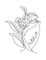 One single line drawing abstract face with natural flowers vector illustration. Beauty woman portrait minimalistic style concept for wall decor art print. Modern continuous line graphic draw design