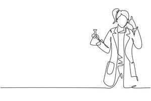 Single one line drawing female scientist with call me gesture and holding measuring tube to examining chemical solution to make vaccine. Modern continuous line draw design graphic vector illustration