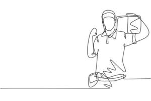 Single continuous line drawing deliveryman with celebrate gesture, carrying the package box to be delivered to customers with the best service. Dynamic one line draw graphic design vector illustration