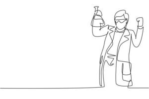 Single one line drawing scientist with celebrate gesture and holding measuring tube to examining chemical solution to make vaccine. Modern continuous line draw design graphic vector illustration