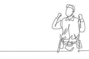 Single one line drawing handyman with celebrate gesture ready to work on repairing the damaged part of house. Professional work concept. Modern continuous line draw design graphic vector illustration