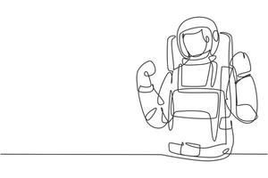 Single continuous line drawing astronaut with celebrate gesture wearing spacesuits to explore outer space in search mysteries of universe. Dynamic one line draw graphic design vector illustration