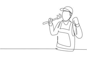 Single continuous line drawing plumber with celebrate gesture ready to work on repairing leaking drain in sink and house's drains. Success job. Dynamic one line draw graphic design vector illustration