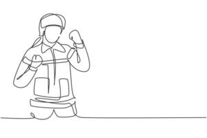 Single continuous line drawing firefighters with celebrate gesture, full uniform, and wearing helmet prepare to put out the fire that burned building. One line draw graphic design vector illustration