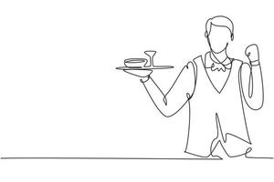 Un camarero de dibujo de línea continua con un gesto de celebración y trajo una bandeja de vasos para beber que sirve a los visitantes en la cafetería. trabajo exitoso. Ilustración de vector de diseño gráfico de dibujo de una línea dinámica