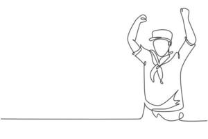 Single continuous line drawing sailor man with celebrate gesture and scarf around his neck ready sail across seas in a ship headed by captain. Dynamic one line draw graphic design vector illustration