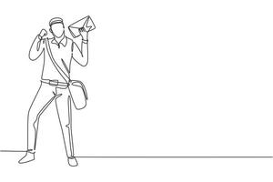 Continuous one line drawing postman standing with celebrate gesture, wearing uniform, bag, and holding envelope delivering mail to home address. Single line draw design vector graphic illustration