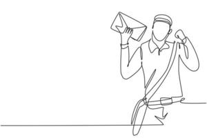 Single continuous line drawing postman with celebrate gesture, wearing hat, sling bag, and uniform holds envelope to delivered to home address. Dynamic one line draw graphic design vector illustration