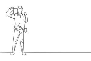 Single one line drawing deliveryman stands with celebrate gesture carrying package box that customer order to be delivered safely. Success job. Continuous line draw design graphic vector illustration