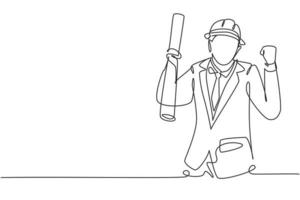 Continuous one line drawing architect with celebrate gesture and wearing helmet carried building construction drawing paper. Successful business. Single line draw design vector graphic illustration