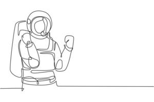 Continuous one line drawing female astronaut with celebrate gesture wearing spacesuits to explore outer space in search mysteries of universe. Single line draw design vector graphic illustration