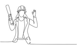 Single continuous line drawing female architect with gesture okay and wearing helmet carried building construction drawing paper. Success business. One line draw graphic design vector illustration