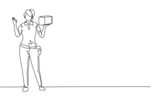 Single continuous line drawing deliverywoman stands with gesture okay carrying package box that customer order to be delivered safely. Success job. One line draw graphic design vector illustration