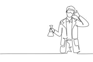 Single one line drawing scientist with call me gesture and holding measuring tube to examining chemical solution to make vaccine. Success job. Continuous line draw design graphic vector illustration