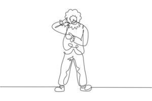 Single one line drawing clown stands with call me gesture wearing wig and clown costume ready to entertain audience in the circus arena. Modern continuous line draw design graphic vector illustration