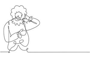 Single one line drawing clown with call me gesture, wearing wig and smiling face makeup, entertaining kids at birthday party. Good performance. Continuous line draw design graphic vector illustration