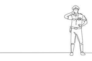 Continuous one line drawing policeman standing with call me gesture and full uniform works to control vehicle traffic on highway. Standby on patrol. Single line draw design vector graphic illustration