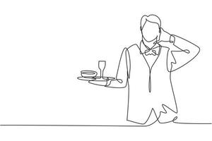 Continuous one line drawing waiter with call me gesture and brought a tray of drinking glasses serving visitors at cafeteria. Success job concept. Single line draw design vector graphic illustration