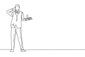 Single continuous line drawing waiter stood up with call me gesture and brought tray drinking glasses to offer restaurant guests. Success job. Dynamic one line draw graphic design vector illustration