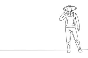 Single continuous line drawing farmer stood with call me gesture, wearing straw hat and uniform to plant crops on farmland. Success business. Dynamic one line draw graphic design vector illustration