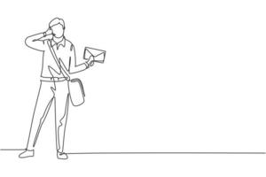 Single one line drawing postman standing in hat, sling bag, uniform, holding envelope, and with call me gesture delivering mail to home address. Continuous line draw design graphic vector illustration