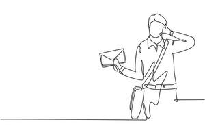 Single continuous line drawing postman wearing hat, sling bag, and uniform with call me gesture holds envelope to delivered to home address. Dynamic one line draw graphic design vector illustration