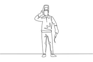 Single one line drawing welder stands with call me gesture and face shield removed ready to work in his iron workshop. Success business. Modern continuous line draw design graphic vector illustration