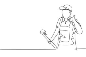 Continuous one line drawing plumber with call me gesture ready to work on repairing the leaking drain in sink and house's drains. Success business. Single line draw design vector graphic illustration