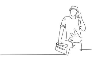 Single continuous line drawing film director with call me gesture holding clapperboard and set the crew for studio shooting. Professional work. Dynamic one line draw graphic design vector illustration