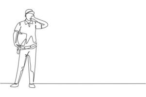 Single continuous line drawing deliveryman stands with call me gesture carrying package box that customer order to be delivered safely. Success job. One line draw graphic design vector illustration