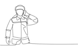 Single one line drawing firefighters with uniform, call me gesture and wearing helmet prepare to put out the fire that burned building. Modern continuous line draw design graphic vector illustration