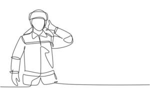 Single one line drawing firefighters with uniform, call me gesture and wearing helmet prepare to put out the fire that burned building. Modern continuous line draw design graphic vector illustration