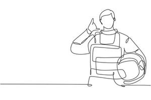 Single continuous line drawing astronaut with call me gesture wearing spacesuits to explore outer space in search mysteries of universe. Great job. One line draw graphic design vector illustration