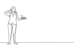 Single continuous line drawing waitress stood up with call me gesture and brought tray of drinking glasses to offer restaurant guests. Successful job. One line draw graphic design vector illustration