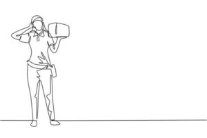 Single continuous line drawing deliverywoman stands with call me gesture carrying package box that customer order to be delivered safely. Dynamic one line draw graphic design vector illustration