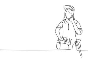 Continuous one line drawing handywoman with call me gesture ready to work on repairing damaged part of house. Professional work. Success business. Single line draw design vector graphic illustration