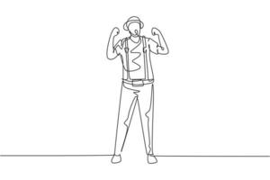 Continuous one line drawing mime artist stands with celebrate gesture and white face make-up makes audience laugh with silent comedy. Great show. Single line draw design vector graphic illustration