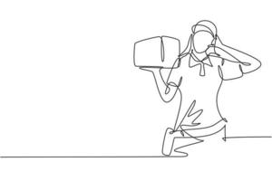 Single continuous line drawing deliverywoman with call me gesture, carrying the package box to be delivered to customers with the best service. Dynamic one line draw graphic design vector illustration