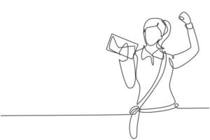 Single continuous line drawing postwoman with celebrate gesture, wearing uniform and sling bag holds envelope to delivered to home address. Dynamic one line draw graphic design vector illustration