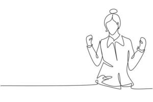 Single one line drawing flight attendant with celebrate gesture ready to serve airplane passengers in a friendly and warm manner. Success job. Continuous line draw design graphic vector illustration