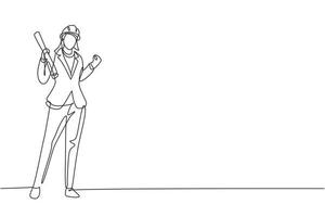 Single one line drawing female architect stood with celebrate gesture and wearing helmet carrying blueprint for the building's work plan. Modern continuous line draw design graphic vector illustration