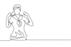 Single continuous line drawing sailor woman with celebrate gesture and scarf around her neck ready sail across seas in ship headed by captain. Dynamic one line draw graphic design vector illustration