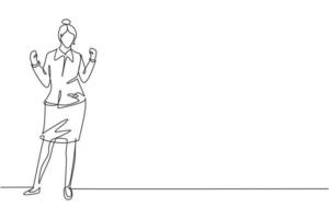 Single one line drawing flight attendant stands with celebrate gesture and uniform prepare at airport with crew flying to destination. Modern continuous line draw design graphic vector illustration