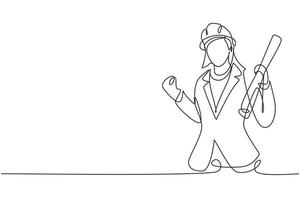 Single continuous line drawing female architect with celebrate gesture and wearing helmet carried building construction drawing paper. Success person. One line draw graphic design vector illustration