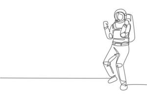 Single one line drawing female astronaut stands with celebrate gesture wearing space suit exploring earth, moon, other planets in the universe. Continuous line draw design graphic vector illustration