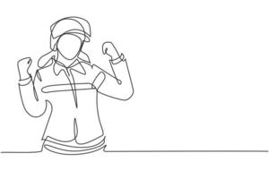 Single one line drawing female firefighter with celebrate gesture, uniform and wearing helmet prepare to put out the fire that burned building. Continuous line draw design graphic vector illustration