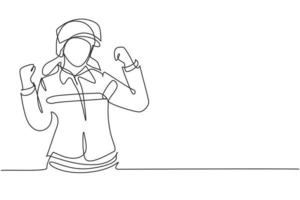 Single one line drawing female firefighter with celebrate gesture, uniform and wearing helmet prepare to put out the fire that burned building. Continuous line draw design graphic vector illustration