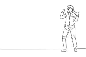 Single continuous line drawing female firefighter stood with celebrate gesture, wearing helmet and uniform work to extinguish fire at building. Dynamic one line draw graphic design vector illustration